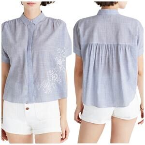 Madewell‎ Women's Blue Embroidered Floral Striped Hilltop Shirt Size Medium